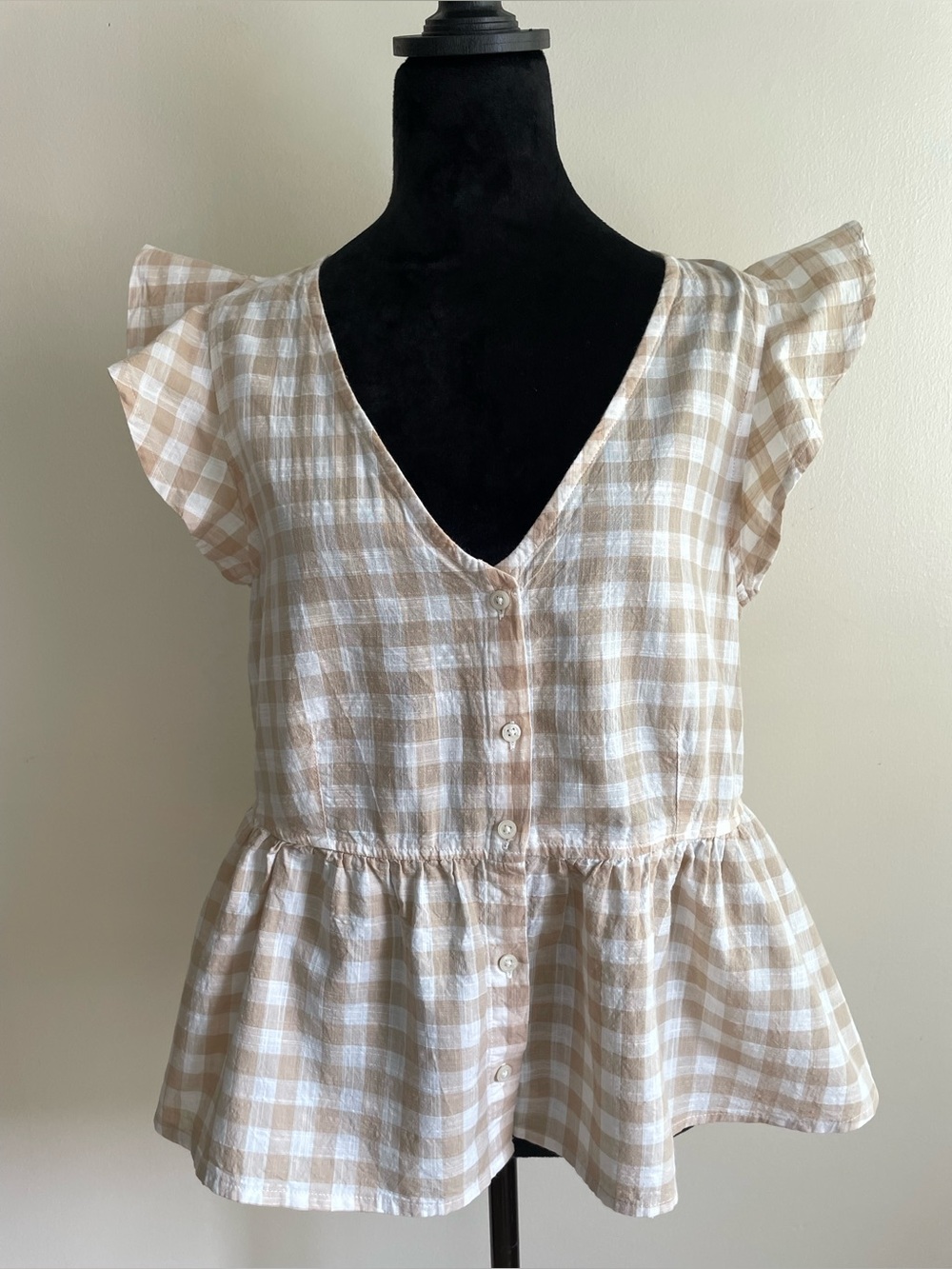 ICHI 100% Cotton Gingham Peplum Blouse Ruffle Sleeve Button Front Size 38